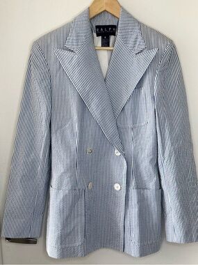 Ralph Lauren Seersucker Pinstriped Double Breasted Women’s Jacket 8 Preppy EUC